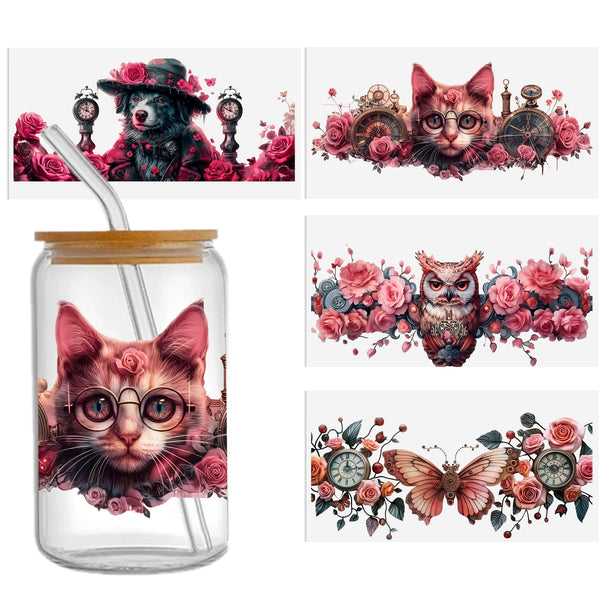 4pieces/set Mechanical style Gothic animals cat dog owl butterfly Uv Dtf Transfer Stickers - Waterproof, Self-Adhesive Decals , Jars - Diy Crafts & Home Decor, Scratch-Resistant Print Self-Adhesive Stickers for CeramicGlass Laptops Skateboards  Mugs