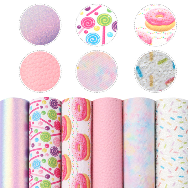 6pcs/set 7.87x12.99inch Donuts Theme Faux Leather Set Candy Cake Printed Synthetic Leather Fabric 20x33cm for DIY Earrings Handbags Hair Bows