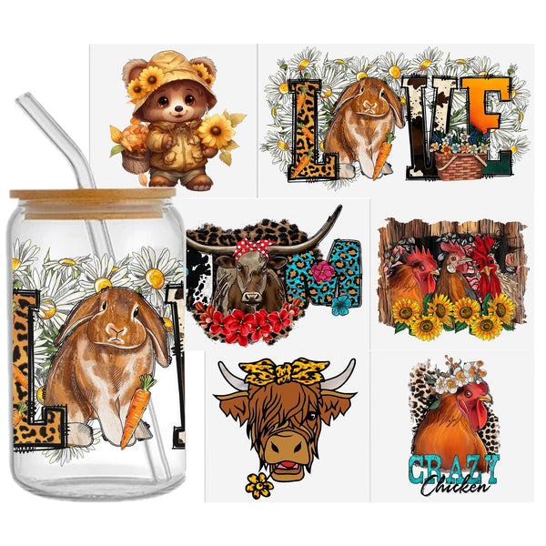 6pcs/set Uv Dtf Transfer Animal Series Design Sticker Libbey Glass Cups Diy Wrap Transfer Sticker Glass Cup Waterproof Sticker Bottle Sticker Adhesive Sticker