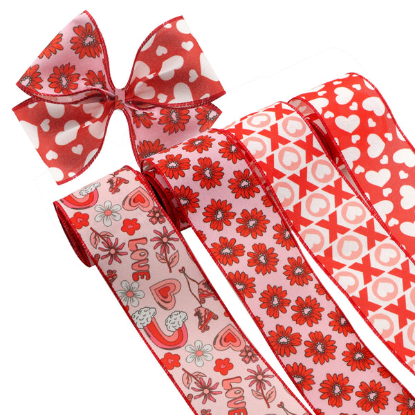 4Rolls, Valentine's Day Wired Edge Ribbons (2.43 Inch X 5 Yards), Heart, XOXO, Love, Flower Print Ribbons For Wreath Floral Arrangements, Holiday Party Decor, Hairbows, Crafts Sewing Wrapping Supplies