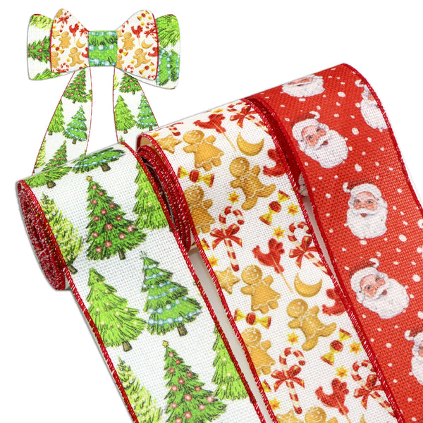 3Rolls, Christmas Linen Wired Edge Ribbons (2.43 Inch X 5 Yards), Santa Claus Gingerbread Man Print Ribbons For Christmas Tree Wreath Floral Arrangements, Crafts Sewing Wrapping Supplies