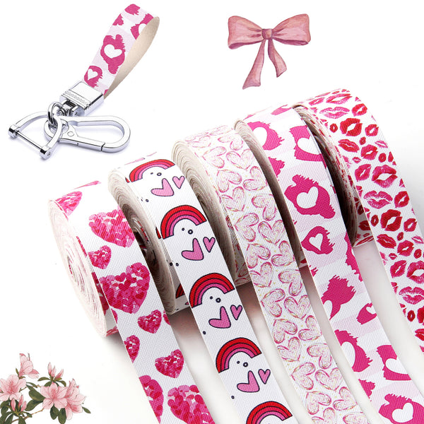 5Rolls,5yards/roll Valentin's Day Faux Leather Strap 25mm/1inch Heart Love Lips Print Synthetic Leather Strips Roll For Jewelry Making DIY Hairbows Craft Bag Belts Keychains Garment Sewing Decoration