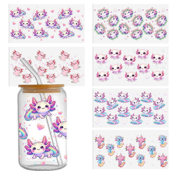 6pcs/set UV DTF Cup Wrap Decals cute axolotl series animal, Scratch-Resistant Decals With Vibrant Colors & UV DTF Transfer Sticker Waterproof Sticker For Libbey Glass Cups 16OZ DIY Tumbler Furniture gift