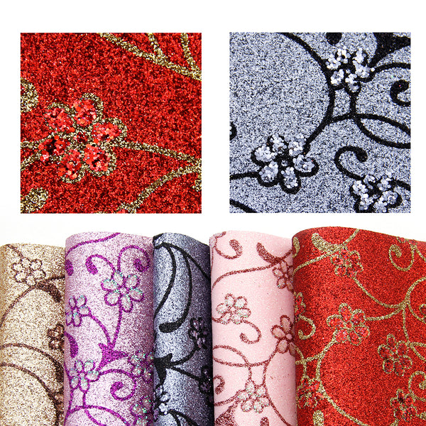 5pcs/set 3D Flowers Floral Fine Glitter Faux Leather Sheets 7.87x12.99inch Synthetic Leather Fabric For DIY Handmade Earrings Bows Bags Crafts Decorations