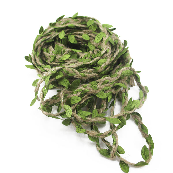 1 Roll 10 Meters Natural Jute Twine 5mm Burlap Leaves Leaf Trim Ribbon With Artificial Vine Green Leaves For DIY Wedding Home Packing Party Decoration