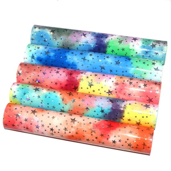 5Pcs/Set Splatter Tie Dye Star Printed Faux Leather Sheets 7.87x12.99inch Smooth Glossy Textured Synthetic Leather Fabric for DIY Earrings Hair Bows Crafts Projects