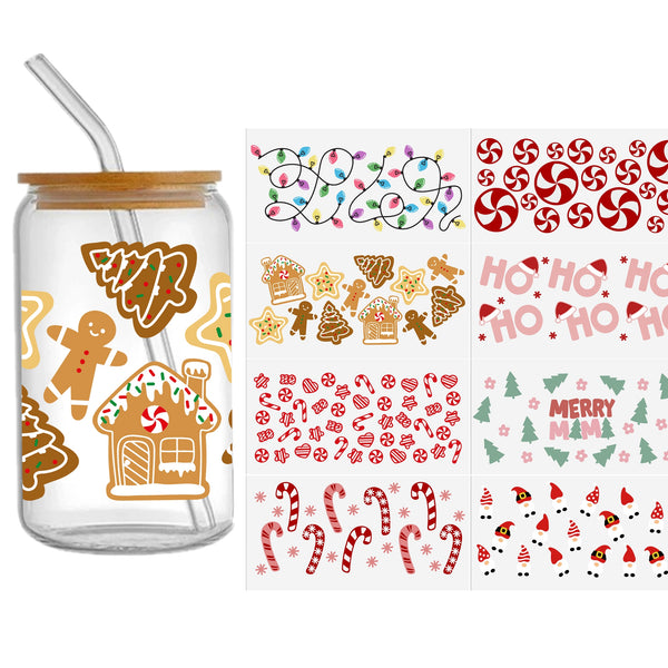 8pcs/set Uv Dtf Transfer Christmas Holiday Santa Claus Christmas Tree Candy Cane Design Sticker Libbey Glass Cups Diy Wrap Transfer Sticker Glass Cup Waterproof Sticker Bottle Sticker Adhesive Sticker-High Quality 9.5inch*4.3inch For 16oz