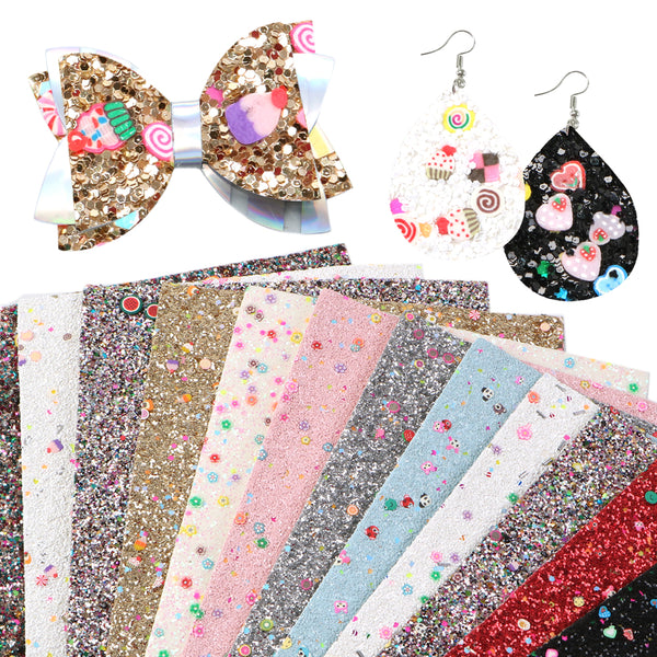 1pcs Cake Ice Cream chunky glitter fruit Faux Synthetic Leather  7.7*12.9inch Fabric Sheets For DIY Bows, Waist Belt, Earrings, Handbag, Phone Case, Pencil Case ,Shoes Bags Artificial Leather Crafts Handmade Material