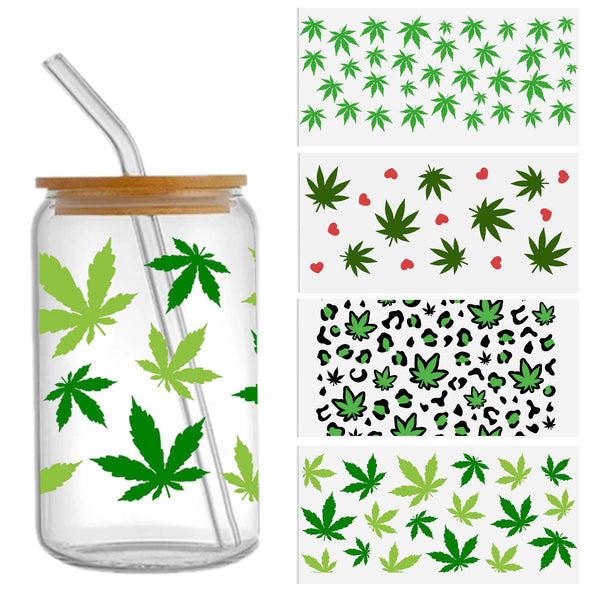 1pc Waterproof green leaves leopard print Series Sticker For 16oz Glass Cups,Uv Dtf Transfer Diy Crystal Label,Faith Cross Libbey Glass Wrap ,Vinyl Cup Wrap ,Uv Stickers Diy Sticker For Glass Bottle-High Quality Tumbler Furniture Craft Wood DIY Craft