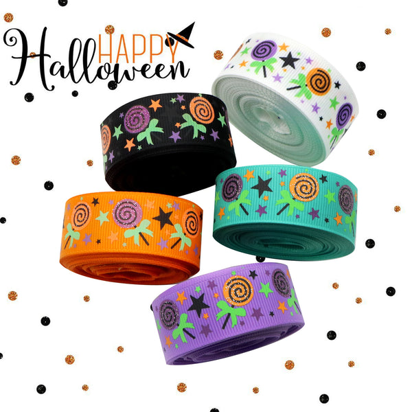 1pc 5yards 22mm/0.87 inch Halloween Lollipop Stars Print Grosgrain Ribbon Roll For Halloween Wreaths Gift Wrapping Winter Party Decoration DIY Hair Bows Crafts Headwear Decoration Sewing Accessories