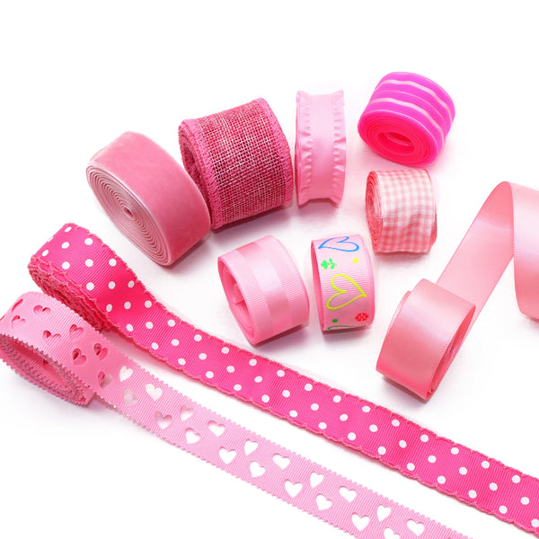 10 Rolls, 2 Yard/roll (20 yards) MultiSize Pink Series Solid Color Heart Printed Grosgrain Ribbon Set For Gift Wrapping Ribbon Christmas Holiday DIY Craft Ribbons For Home Party Decor