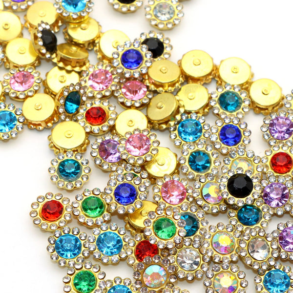 100pcs/lot 12MM Sew On Rhinestones Sunflower Crystals Glass Metal Base Sewing Claw Flower Claw Rhinestones For Decoration Crafts Clothes Shoes Earring Belt Crafts Wedding Dresse Sewing Accessories (10colors,10pcs each Color)