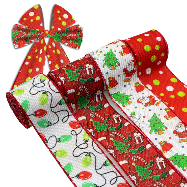 1 Roll 2.5 Inch X 5 Yards/roll Christmas Series Santa Bulb Dots Christmas Tree Printed Decorative Imitation Burlap Wire Edge Ribbon Party Decoration For DIY Gift Box Packaging Bowknot Craft Material