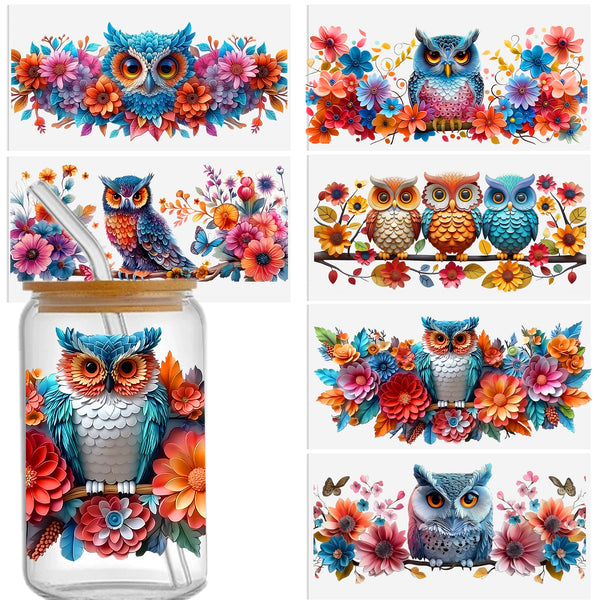 6pcs/set Owl DTF Cup Wraps - Vibrant UV Printing, Waterproof and Durable, Easy Transfer Stickers, DIY Friendly, Fashionable Design Owl Decals for Libbey Glass 16oz Cups, Ideal for Women and DIY Enthusiasts, Perfect for Crafts and Personalized Gifts