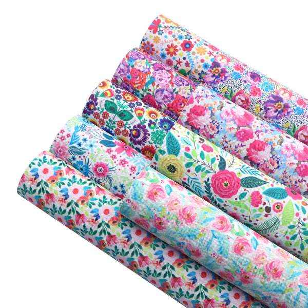 9Pcs/set Spring Blossom Flowers Floral Printed Faux Leather Sheets 7.87x12.99inch Synthetic Leather Fabric for DIY Earrings Hair Bows Pouches Handbags Crafts Supply