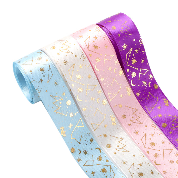 5 Yards 0.78inch/20mm Star Moon Constellation Pattern Gold Foil Printed Satin Ribbon For Gift Wrapping Christmas Wedding Holiday Decor DIY Hair Bows Ribbon