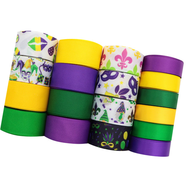 36yards/set Mardi Gras Ribbon Roll Grosgrain Satin Material Size Mix 25mm/16mm Ribbon Set for Gift Package Wrapping, Hair Bow Clip Accessory Making, Crafting Holiday Wreaths Decor(18rolls/set,2yards/Roll)