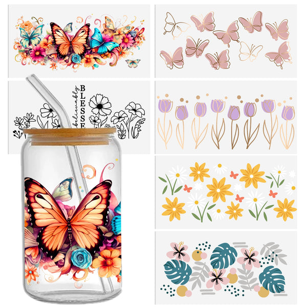 1pc Butterfly flowers Pattern UV DTF Cup Stickers for 16oz, Waterproof Sticker Pack For Decorating Mugs, Cups, Bottles, School Supplies, Etc, Arts Crafts, DIY Art Supplies