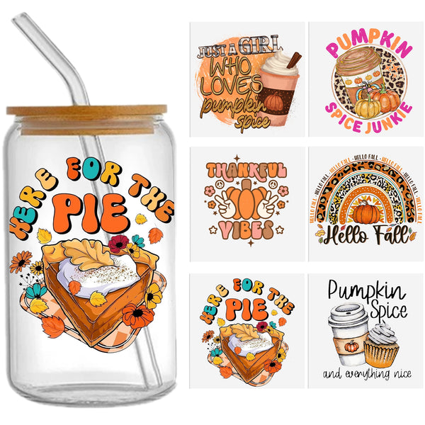 1pc UV DTF Cup Wrap Decals Thanksgiving Day pumpkin Cake Coffee Series For Any Hard Surface, Scratch-Resistant Decals With Vibrant Colors & UV DTF Transfer Sticker Waterproof Sticker For Libbey Glass Cups 16OZ DIY Tumbler Furniture gift