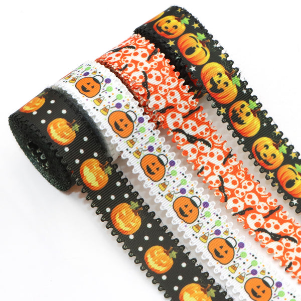 1 Roll, 0.87Inch/22mm X 5 Yards/roll Halloween Pumpkin Skull Bat Printed Grosgrain Ribbon With Teeth Edge For Gift Wrapping Ribbon Holiday Puppy DIY Craft Ribbons For Home Party Decor