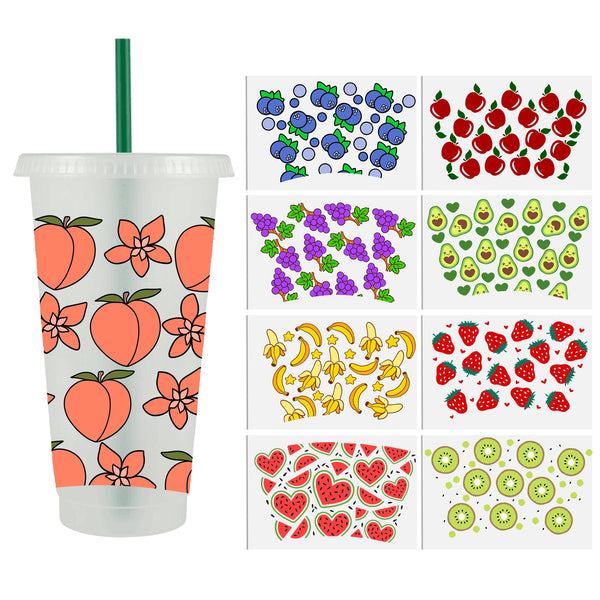 9sheets UV DTF Cup Wraps fruit Series summer For 24 Oz Cold Cup Wrap For 16oz Libbey Glass Cup Wrap, For 40OZ Tumbler Wrap, Permanent Adhesive, UV DTF Transfer Decals Waterproof Sticker