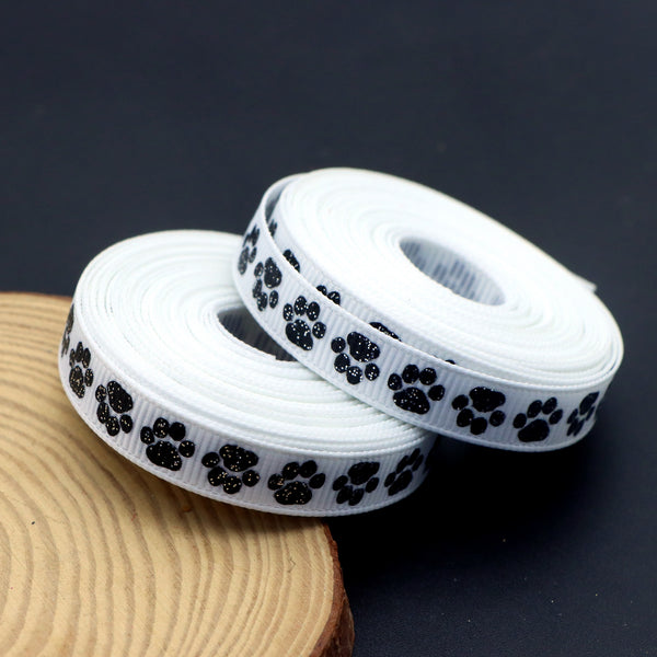 1Roll 9mm/0.35in Glitter Dog Footprint Grosgrain Ribbon For Handmade HairBow Hairties Craft Wedding Holiday Puppy Party Decoration DIY Card Gift Wrapping Colorful Jewelry Accessories