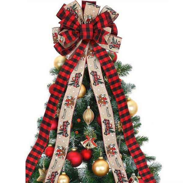 1pc Large Polyester Christmas Tree Topper Wreath Bow with Buffalo Plaid Truck for Indoor/Outdoor Holiday Decor, Xmas, Weddings Party Garland