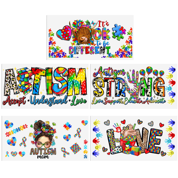 4ps/Set Waterproof autism pattern series Sticker For 16oz Glass Cups,Uv Dtf Transfer Diy Crystal Label,Faith Cross Libbey Glass Wrap ,Vinyl Cup Wrap ,Uv Stickers Diy Sticker For Glass Bottle-High Quality (11x24cm) 4.3inX 9.4in