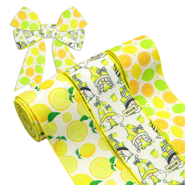 1 Roll 2.5 Inch X 5 Yards/roll Summer Lemon Gnome Printed Decorative Imitation Burlap Wire Edge Ribbon Home Decoration Wreath Floral Arrangements For DIY Gift Box Packaging Bowknot Craft Material