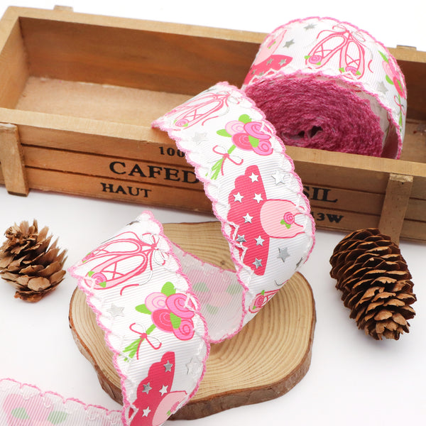 1 Roll, 25mm/38mm X 5 Yards/roll Pink Series Flower Ballet Pattern Double Side Hook Edge Grosgrain Ribbon For Gift Wrapping Ribbon Holiday DIY Craft Ribbons For Home Party Decor