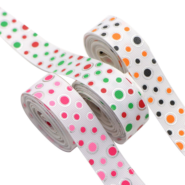 5yards Colorful Dots Print Grosgrain Ribbon 22mm/0.87in Wide Silver Foil Ribbon Roll for Wreaths Gift Wrapping Party Decoration DIY Big Hair Bows Crafts Headwear Accessories