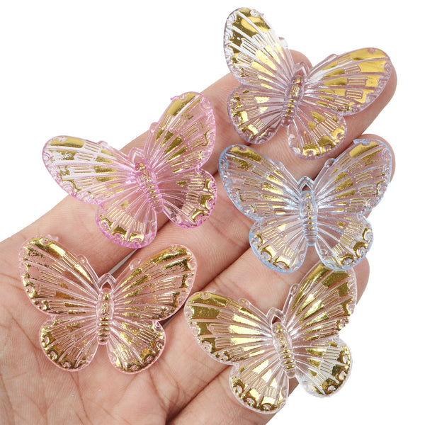 5pcs transparent with Golden Textured Crystal Butterfly Resin Beads with hole - Flat Back Rhinestone Pendants with Single Hole for DIY Jewelry and Craft Decorations