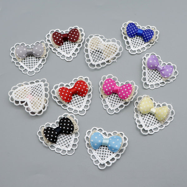 5pcs 2inch Heart-Shaped White Lace Appliques With Assorted Colors Bowknot for DIY Crafts, Sew-On Embroidered Patches for Clothing & Hair Accessories