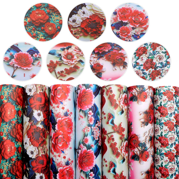 7pcs/set Blossom Peony Flower Floral Printed Smooth Faux Leather Sheets 7.87x12.99inch Synthetic Leather Fabric For DIY Handmade Earrings Bows Bags Crafts Decorations