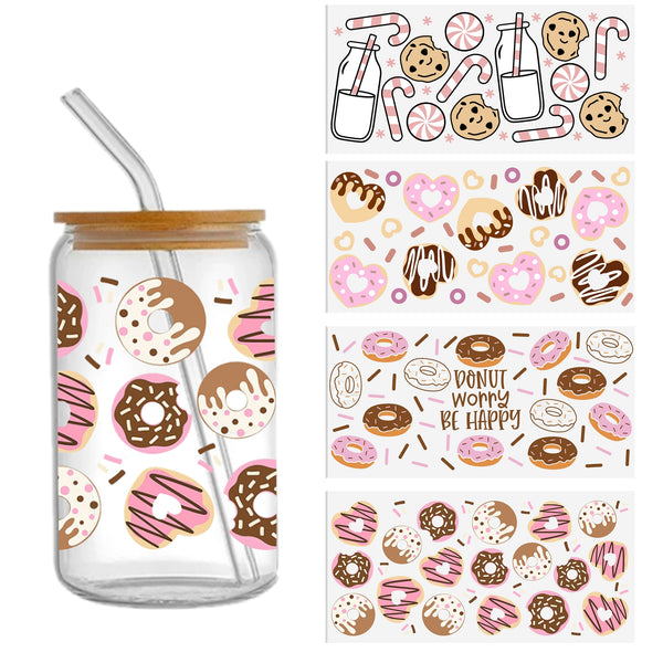 1pc Uv Dtf Transfer Donuts Design Sticker Libbey Glass Cups Diy Wrap Transfer Sticker Glass Cup Waterproof Sticker Bottle Sticker Adhesive Sticker-High Quality 9.5inch*4.3inch For 16oz