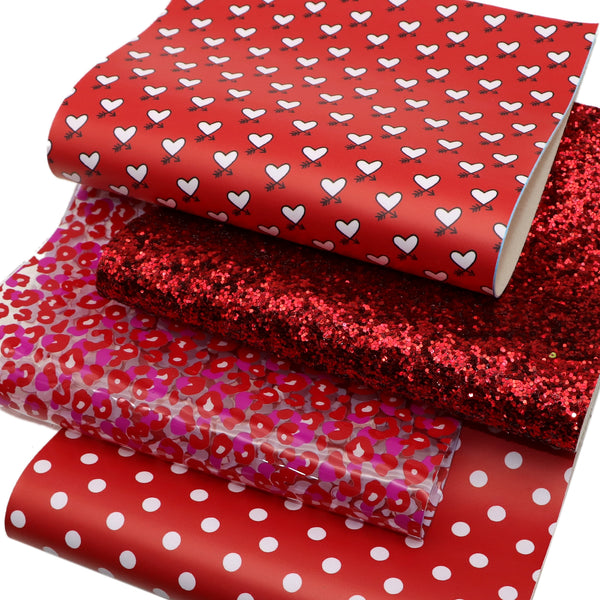 Valentine's Day heart leopard dot chunky glitter Faux Synthetic Leather Set 4piece/set 7.7*12.9inch Fabric Sheets For DIY Bows Leather Crafts Handmade Material