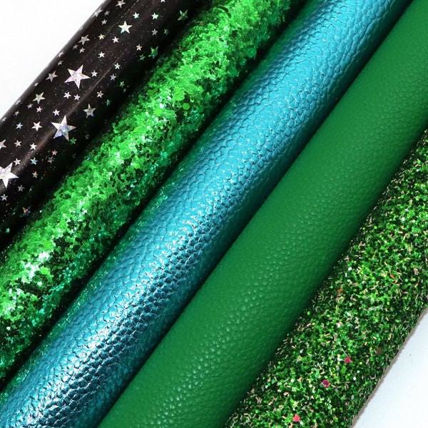 Star Green Series 5-Piece Set Faux Leather Fabric,7.87x12.99inch,PVC Material Glitter Synthetic Leather- Perfect For Diy Earrings, Bag,Hair Bows, And Crafts