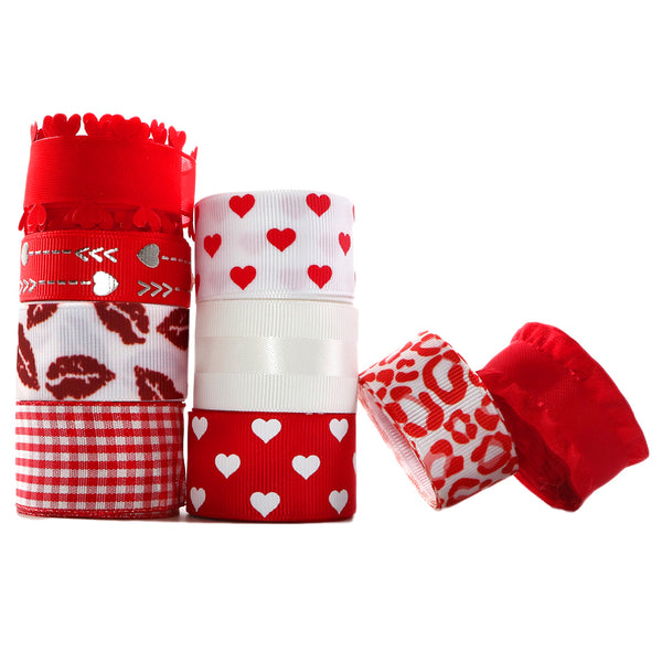 10 Rolls, 1 Yard/roll MultiSize Valentine's Day Red Heart Love Printed Grosgrain Ribbon Set For Gift Wrapping Ribbon Holiday DIY Craft Ribbons For Home Party Decor