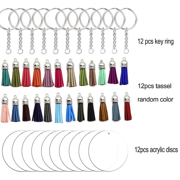 36Pcs Acrylic Keychain Blanks with Key Rings Round Clear Discs Circles Colorful Tassel Pendant Jump Rings for DIY Craft Keyring