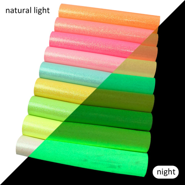 1Pc 7.87x12.99inch Luminous effect Fine Glitter Leather Sheets Luminous effect Synthetic Leather Fabric Jelly fluorescent color for DIY Earrings Bows Crafts Projects Festival Decorations