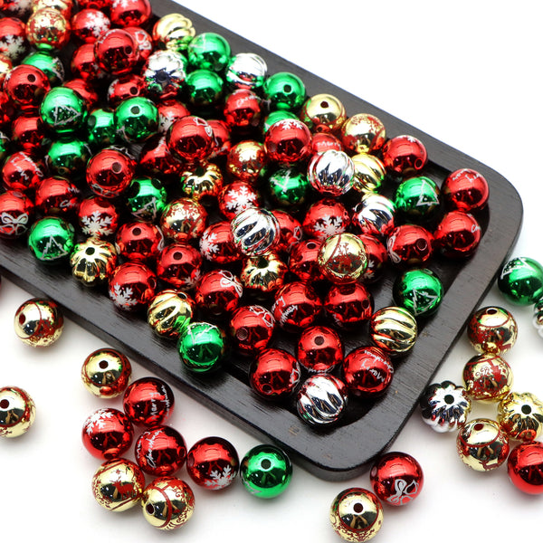 10Pcs/pack Christmas Series Acrylic Beads Mixed Designs Metallic Color Snowflake Christmas Tree Bell Printed Loose Spacer Beads with Hole for Jewelry Making DIY Bracelet Necklace Chain Earrings Charm Bangle Decors Craft Supplies