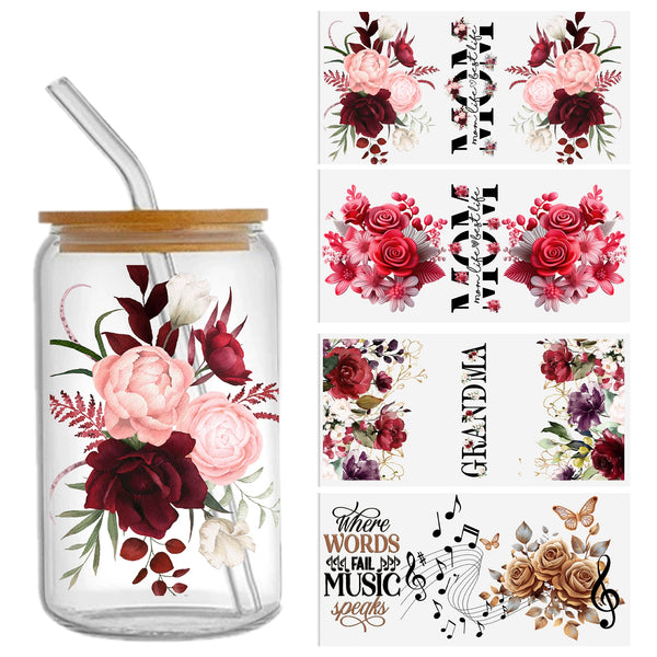 1pc Waterproof3d flower Ink style text Series Sticker For 16oz Glass Cups,Uv Dtf Transfer Diy Crystal Label,Faith Cross Libbey Glass Wrap ,Vinyl Cup Wrap ,Uv Stickers Diy Sticker For Glass Bottle-High Quality Tumbler Furniture Craft Wood DIY Crafts