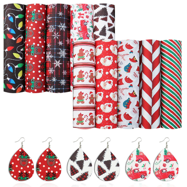 10pcs/set A5 Size 5.9x8.26 inch Christmas Printed Faux Leather Set Santa 15x21cm Synthetic Leather Fabric for DIY Earrings Hair Bows Bags Crafts