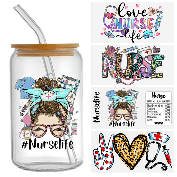 1pc UV DTF Cup Wrap Decals Hospital Nurse Series For Any Hard Surface, UV DTF Transfer Sticker Waterproof Sticker For Libbey Glass Cups Tumbler Furniture Craft Wood DIY Crafts 16oz（24*11cm）