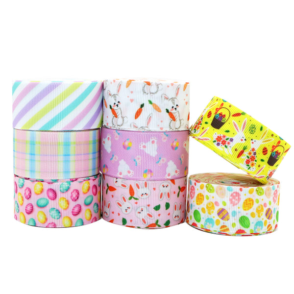 8 Rolls, 1 Inch X 5 Yards/roll Easter Bunny Floral Printed Grosgrain Ribbon Set For Gift Wrapping Ribbon Holiday DIY Craft Ribbons For Home Party Decor