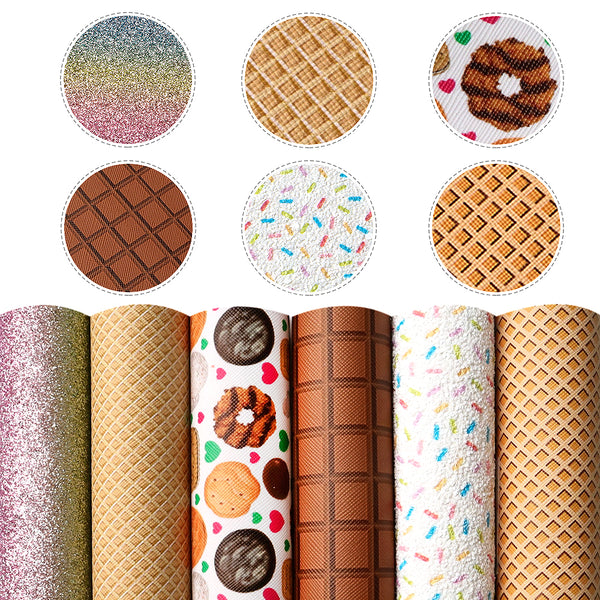 6pcs/set 7.87x12.99inch Food Theme Faux Leather Sheets Donut Hamburger Printed Synthetic Leather Set for DIY Earrings Hair Bows Pouches