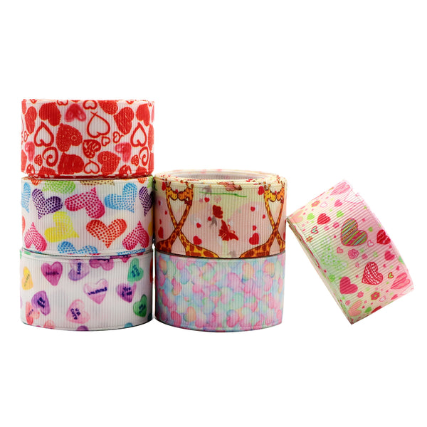 6 Roll, 1 Inch X 2 Yards/roll Valentines Day Heart Love Printed Grosgrain Ribbon Set For Gift Wrapping Ribbon Holiday DIY Craft Ribbons For Home Party Decor