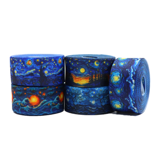 Set, 25yards/set Starry Sky Moon Ribbon Roll 25mm/1inch Grosgrain Material Ribbon Set For Gift Package Wrapping, Hair Bow Clip Accessory Making, Crafting Holiday Wreaths Decor, Scene Decor, Home Decor, Theme Party Decor (5 rolls/set,5 yards/roll)