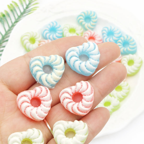 10pcs/pack Swirls donuts 3D Heart-Shaped Resin Faux Candies - Multicolor Flat Cabochons for DIY Crafts, Hair Clips, Earrings & Phone Case Decorations