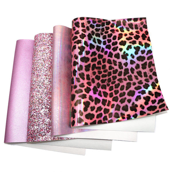 4pcs/set leopard glitter Faux Synthetic Leather Set 7.7*12.9inch Fabric Sheets For DIY Bows Artificial Leather Crafts Handmade Material